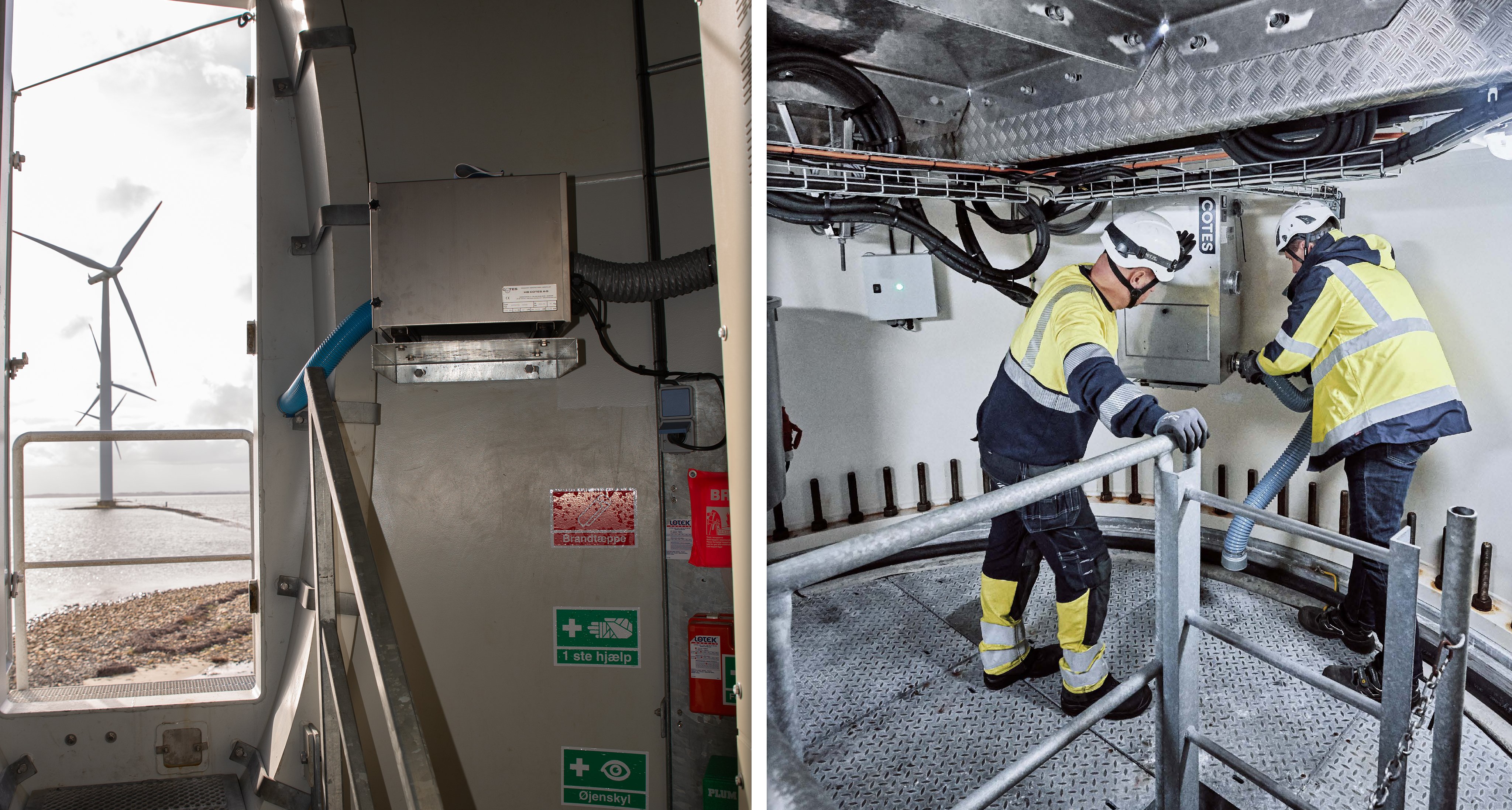Image to left: Standard CR80 dehumidifier installation at the base of a 2.3 MW Siemens turbine tower. Image to right: New generation CWO unit installed in the tower creates an overpressure and removes moisture and salt from the air inside the turbine.